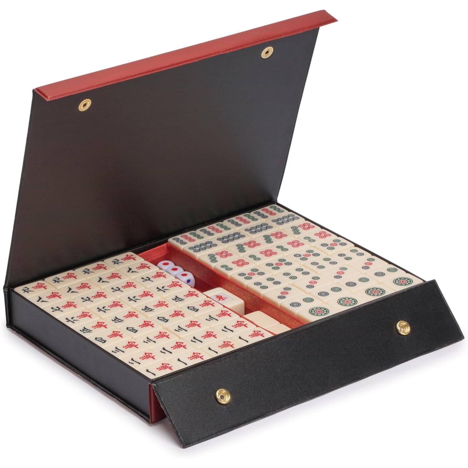 A Chinese mahjong set with engraved tiles in a red vinyl carry case