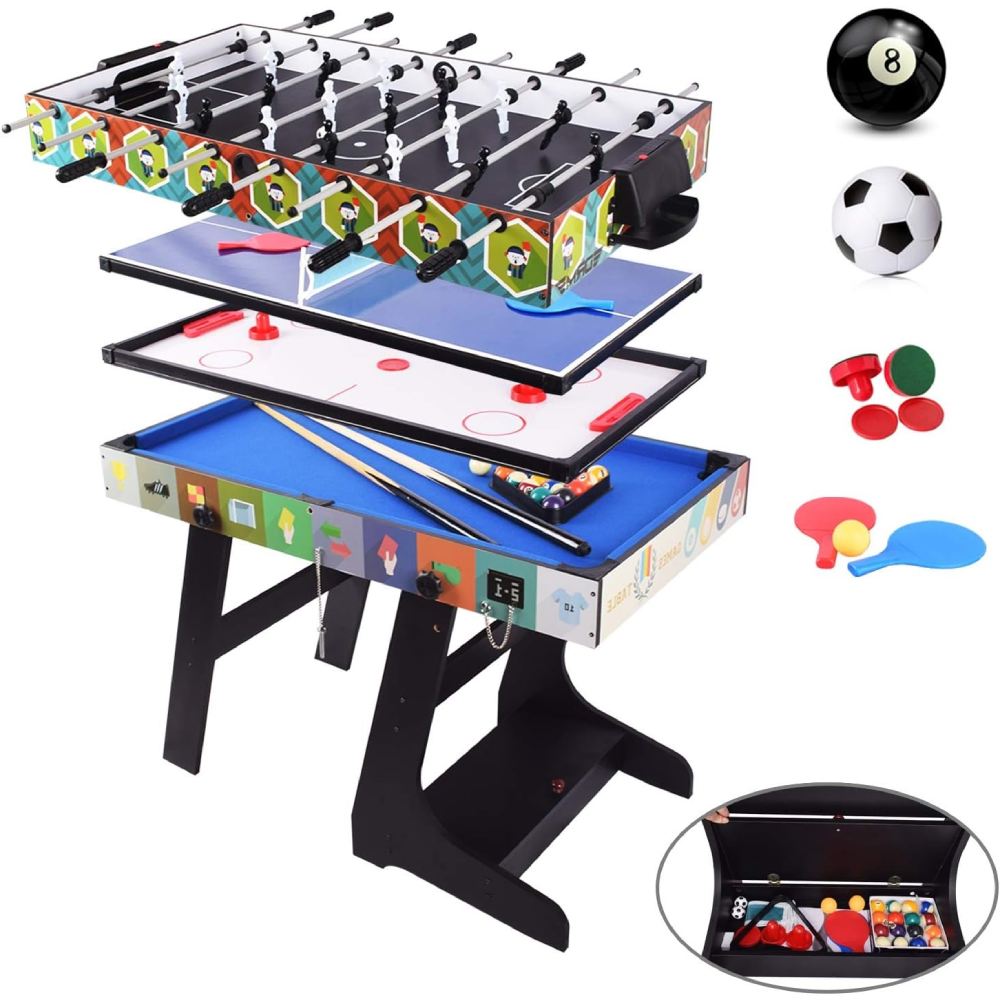 A folding multi sports game table with pool, table tennis, hockey and table football tops