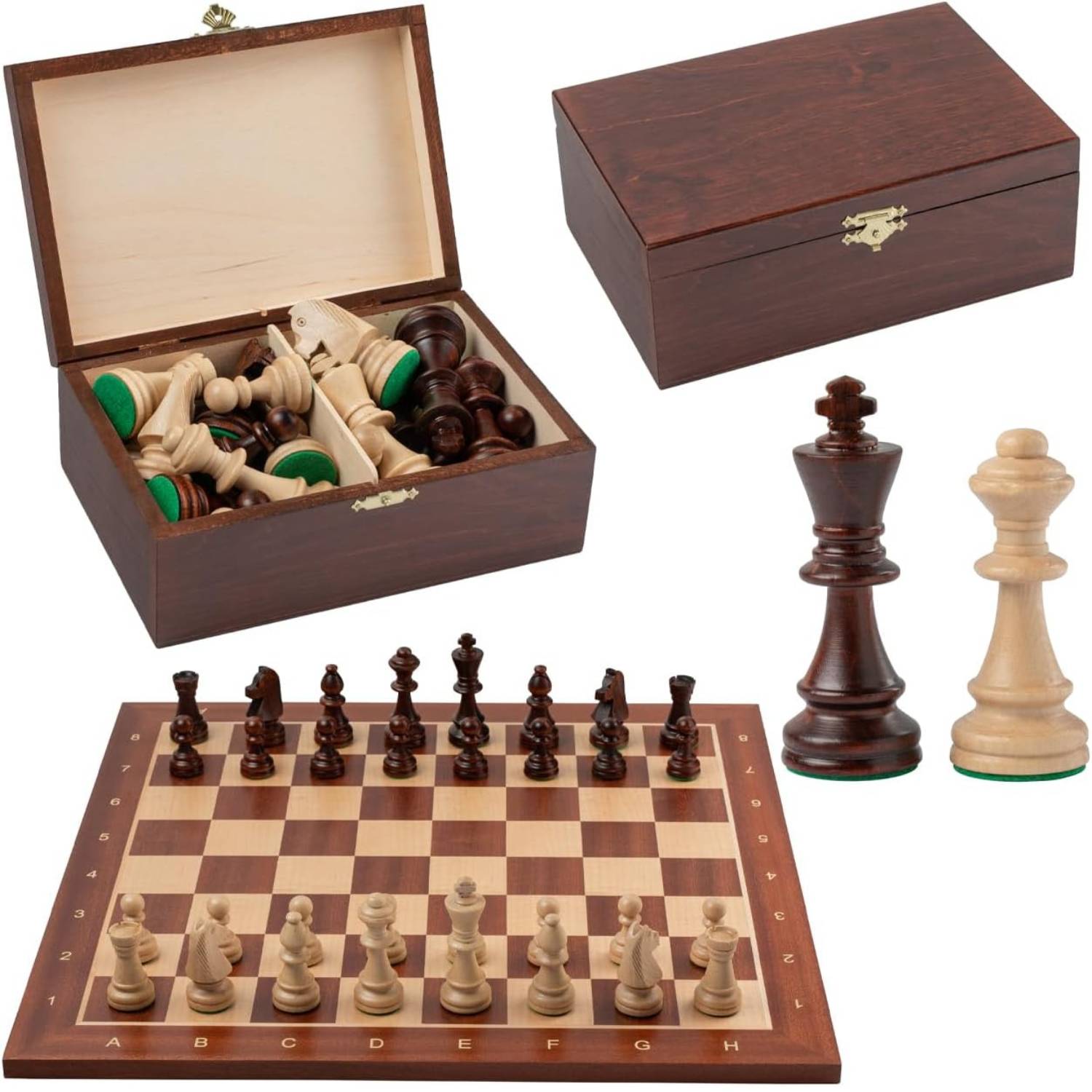 A large inlaid wooden chess board with weighted Staunton pieces