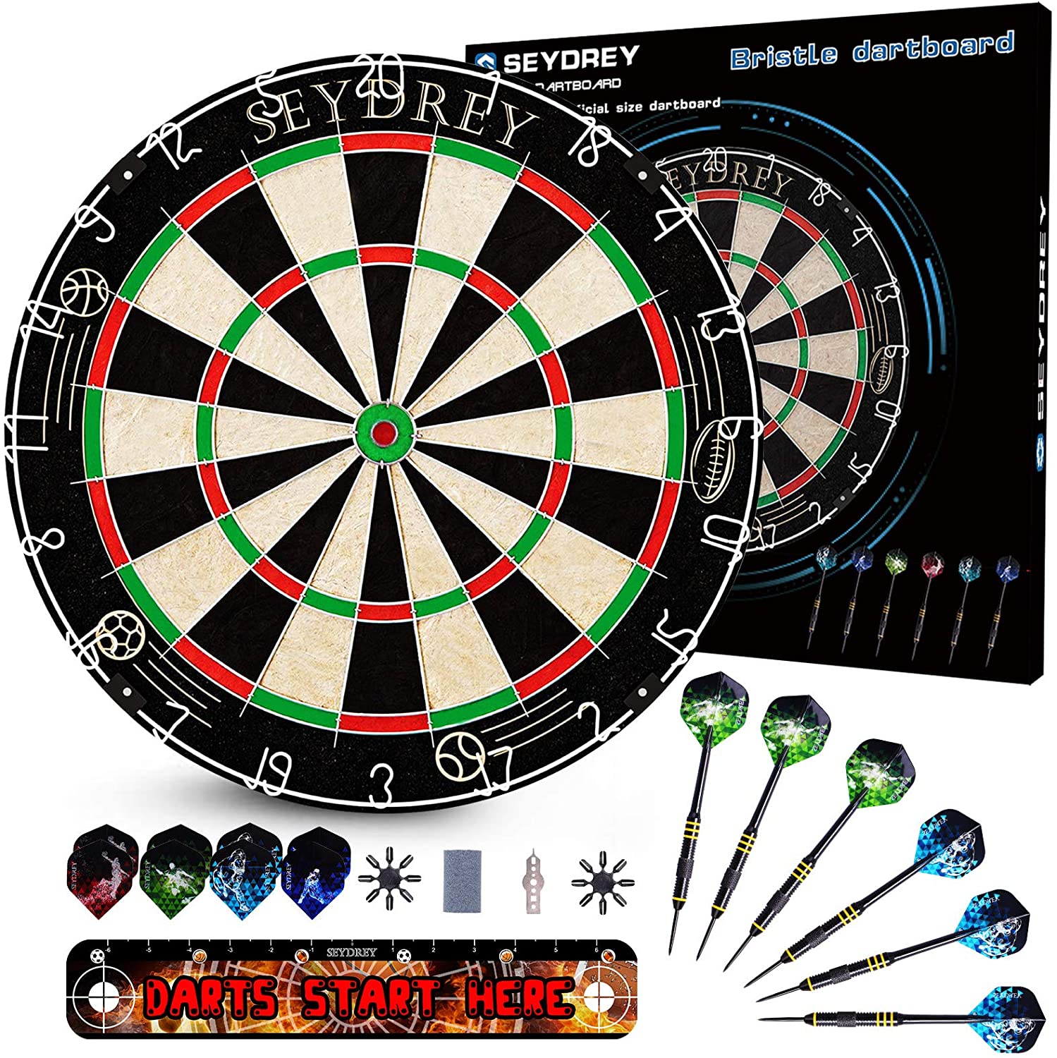 A tournament size sisal dartboard with steel tip darts