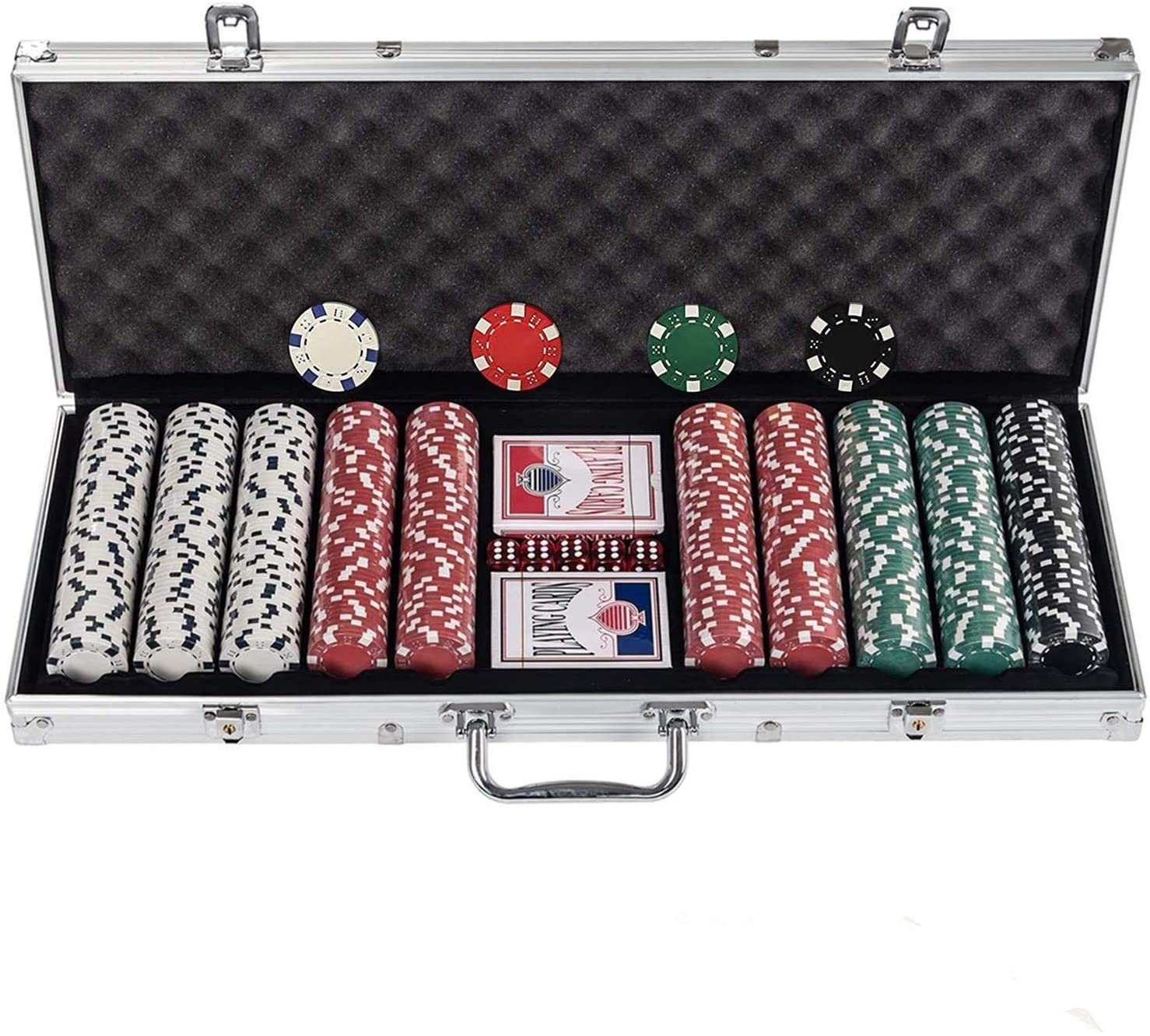A 500 piece poker chips set laid out in an open aluminium case